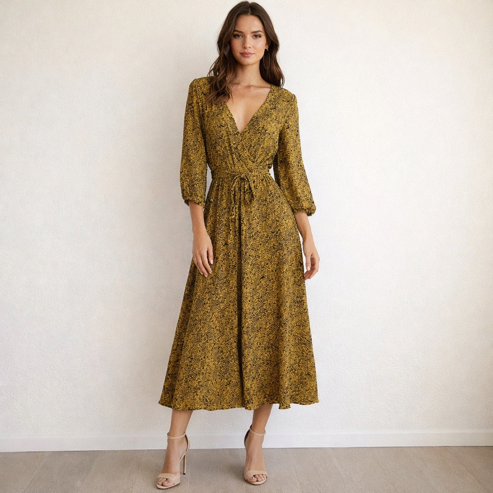 NWT Kookai Viper Dress Size 36 Black/Yellow Snake Skin Print Flowy Midi/Long